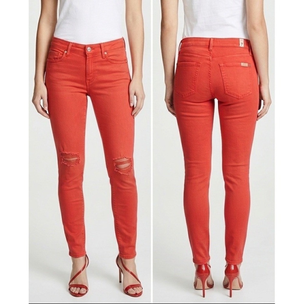 7 For All Mankind Womens 27x28 Mid Rise Ankle Skinny Distressed Jeans Bright Red